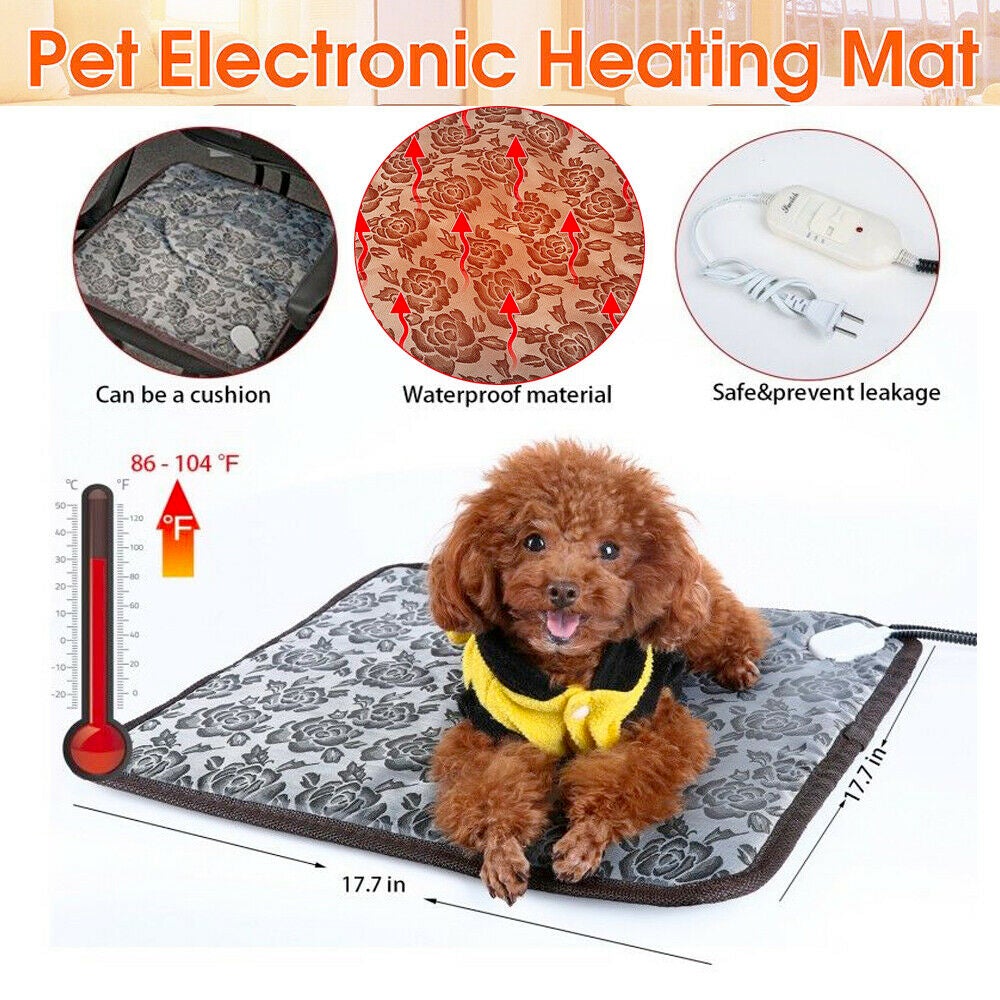 Cachorro sentado sobre Thermal Heating Waterproof Bed Pad for Pets with Adjustable, destacando material impermeável, controle de temperatura ajustável e proteção contra vazamentos para conforto e segurança.