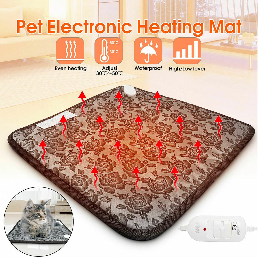 Thermal Heating Waterproof Bed Pad for Pets with Adjustable numa sala aconchegante, mostrando o aquecimento uniforme, controle de temperatura de 30ºC a 50ºC, impermeável, com opção de nível alto e baixo para conforto do animal.