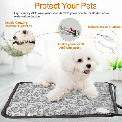 Cão branco deitado em Thermal Heating Waterproof Bed Pad for Pets with Adjustable, mostrando cabo durável de alta qualidade com proteção contra mastigação, ideal para suplementos premium naturais para energia, vitalidade e saúde cognitiva.