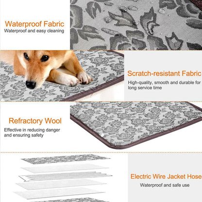 Thermal Heating Waterproof Bed Pad for Pets with Adjustable feito de tecido impermeável e resistente a arranhões, com lã refratária para segurança e cabo elétrico protegido, ideal para conforto e bem-estar natural.
