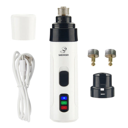 Aparelho branco para cuidados de unhas de animais com três pontas metálicas, cabo carregador USB e capa protetora, modelo Cordless Pet Nail Trimmers.