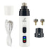 Aparelho branco para cuidados de unhas de animais com três pontas metálicas, cabo carregador USB e capa protetora, modelo Cordless Pet Nail Trimmers.