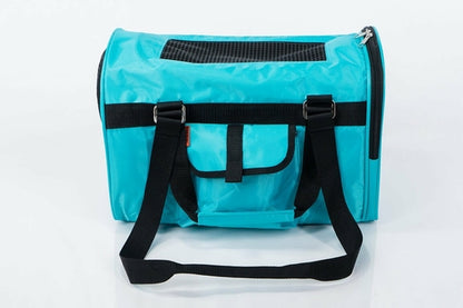 Bolsa azul para transporte de animais com alças pretas, ideal para conforto e segurança, modelo 566 Jet Carrier - Pet Carrier, focado em bem-estar natural.