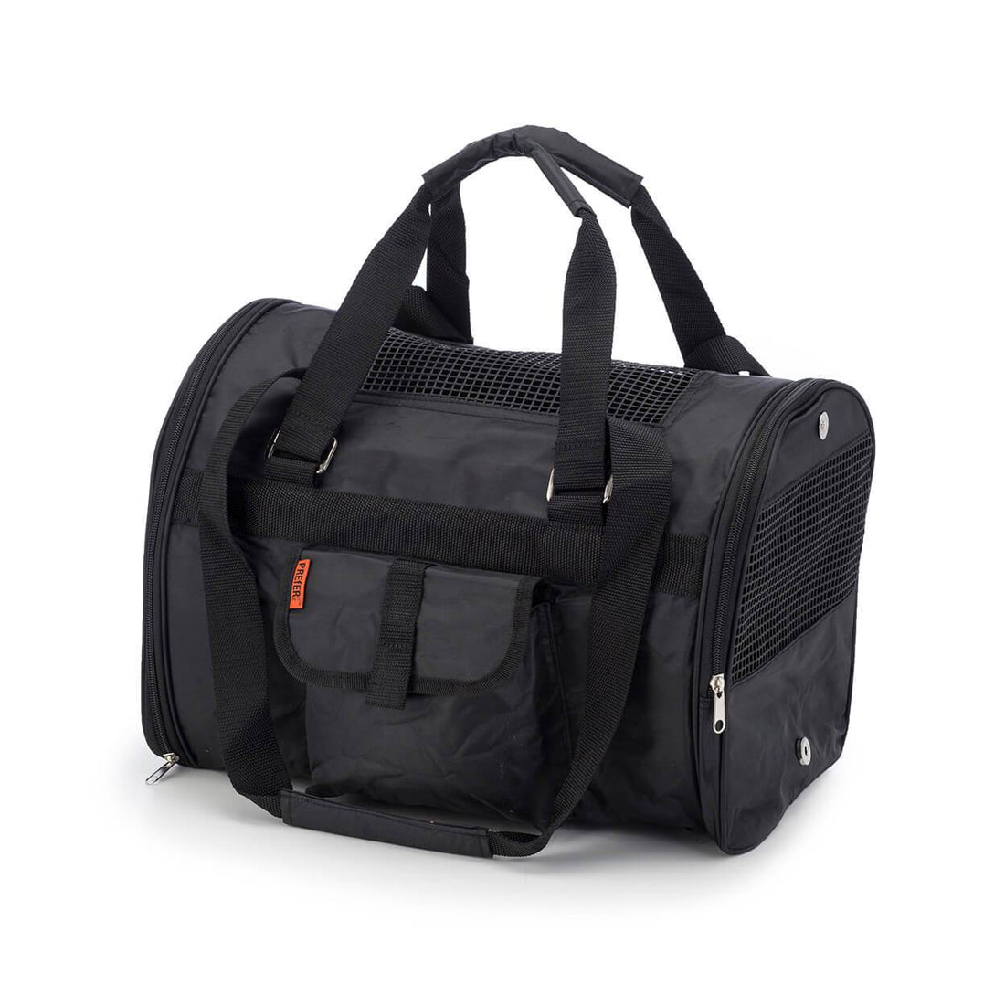 Bolsa de transporte para animais em tecido preto com alças resistentes, ideal para viajar com segurança e conforto, modelo 566 Jet Carrier - Pet Carrier.