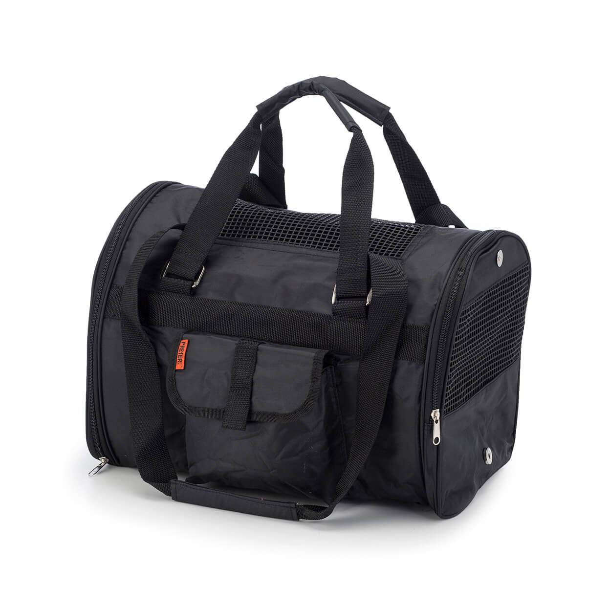 Bolsa de transporte para animais em tecido preto com alças resistentes, ideal para viajar com segurança e conforto, modelo 566 Jet Carrier - Pet Carrier.