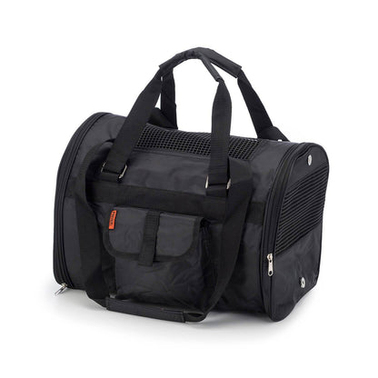 Bolsa de transporte para animais em tecido preto com alças resistentes, ideal para viajar com segurança e conforto, modelo 566 Jet Carrier - Pet Carrier.