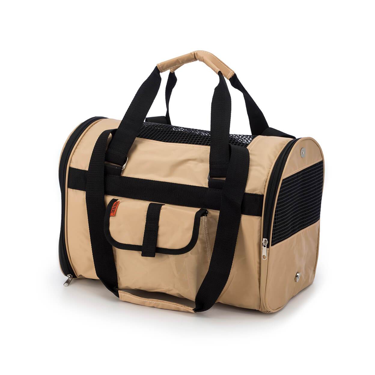 Transportadora de animais em tecido bege com detalhes pretos, laterais ventiladas e alças reforçadas, modelo 566 Jet Carrier - Pet Carrier, ideal para transporte confortável e seguro.