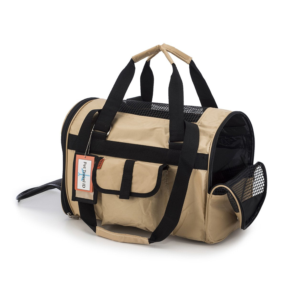 Mala de transporte para animais com aberturas laterais em rede, em tecido khaki, mostrando conforto e praticidade do modelo 566 Jet Carrier - Pet Carrier, ideal para suplementos premium naturais para energia, vitalidade e saúde cognitiva.