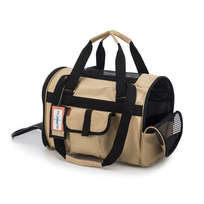 Mala de transporte para animais com aberturas laterais em rede, em tecido khaki, mostrando conforto e praticidade do modelo 566 Jet Carrier - Pet Carrier, ideal para suplementos premium naturais para energia, vitalidade e saúde cognitiva.