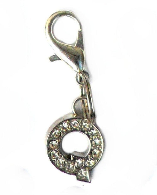 Pingente em forma da letra Q com cristais brilhantes, parte da coleção A-Z Crystal Letter Pet Charms, ideal para acessórios elegantes e suplementos premium naturais para energia, vitalidade e saúde cognitiva.