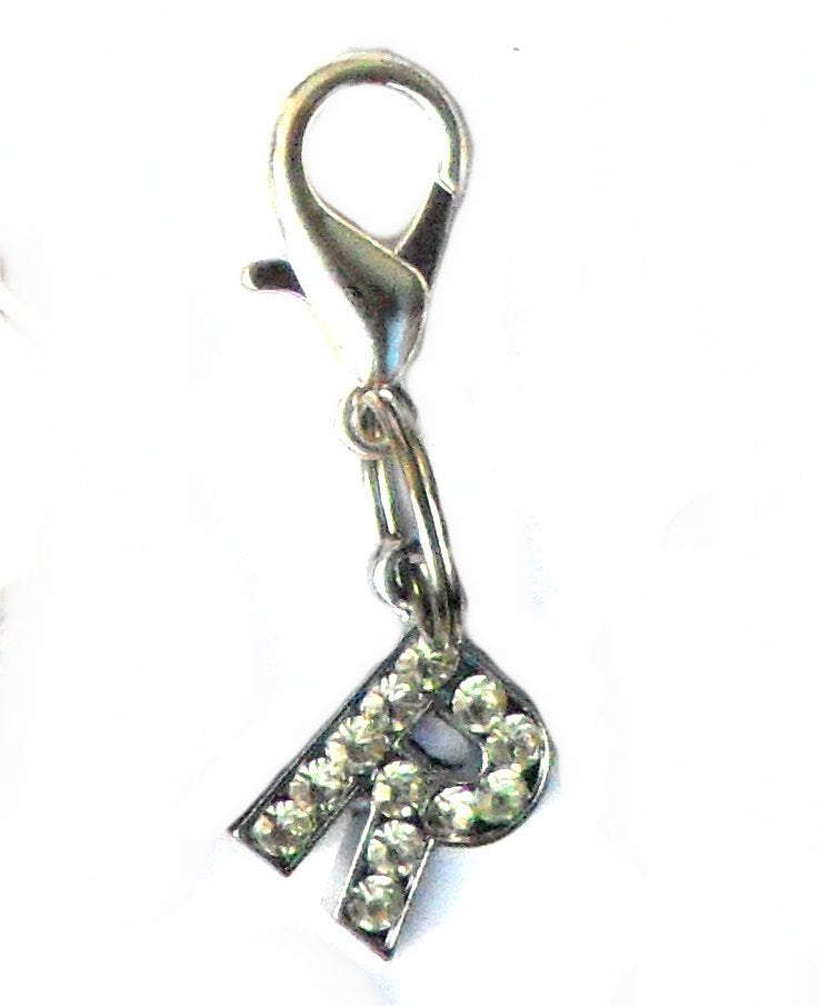 Pingente de letra R com cristais brilhantes, parte dos A-Z Crystal Letter Pet Charms, ideal para personalizar acessórios com estilo e elegância, associados a suplementos premium naturais para energia, vitalidade e saúde cognitiva.