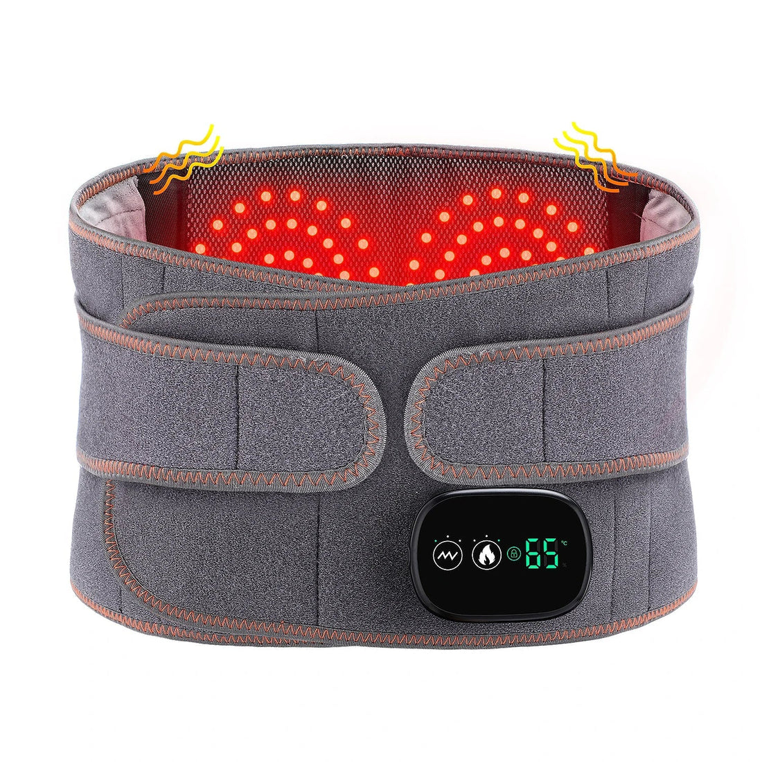 Heat Therapy Lumbar Brace Support Massager Waist Massager Back Belt cinza com controle digital exibindo 65 graus e função de aquecimento para alívio lombar, suplementos premium naturais para energia, vitalidade e saúde cognitiva, desenvolvidos para o mercado português.