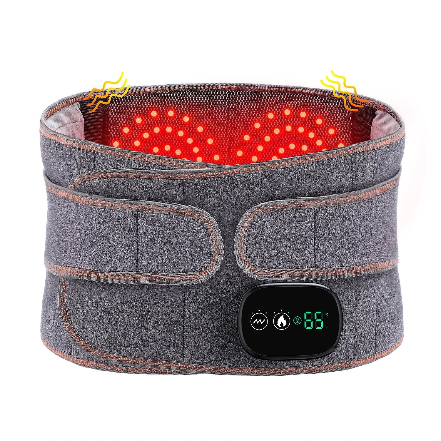 Heat Therapy Lumbar Brace Support Massager Waist Massager Back Belt cinza com controle digital exibindo 65 graus e função de aquecimento para alívio lombar, suplementos premium naturais para energia, vitalidade e saúde cognitiva, desenvolvidos para o mercado português.