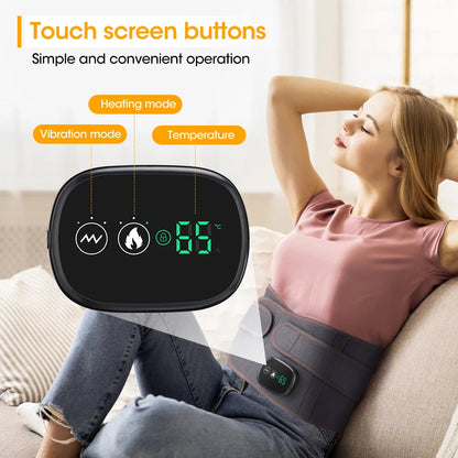 Mulher relaxando com o Heat Therapy Lumbar Brace Support Massager Waist Massager Back Belt, com controle touch para modos de aquecimento, vibração e ajuste de temperatura, para conforto e bem-estar natural.