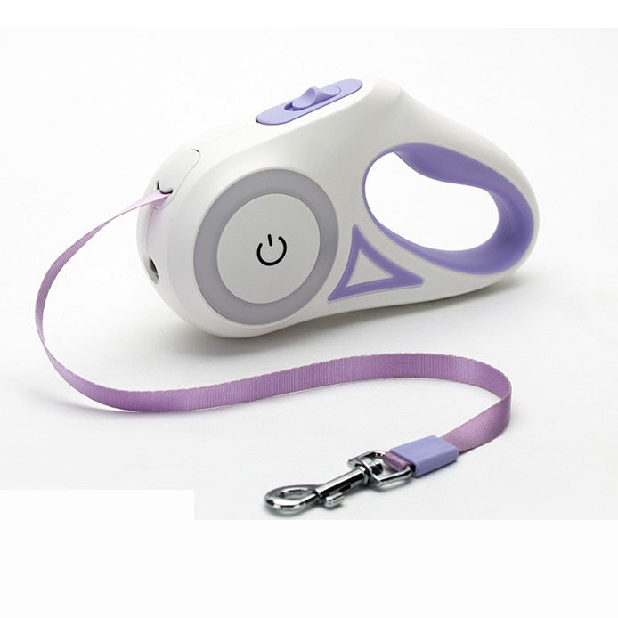 Automatic Retractable Lighting Dog Leash branco e lilás, design ergonómico com botão de controle, ideal para passeios seguros e confortáveis, suplementos premium naturais para energia, vitalidade e saúde cognitiva, desenvolvidos para o mercado português.