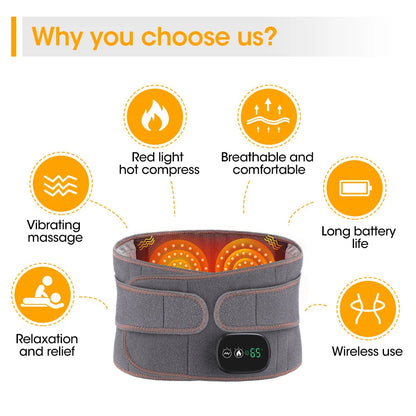Heat Therapy Lumbar Brace Support Massager Waist Massager Back Belt cinza com massagem vibratória, compressa quente de luz vermelha, confortável, sem fios, bateria duradoura, projetado para relaxamento e alívio, associado a suplementos premium naturais para energia, vitalidade e saúde cognitiva.