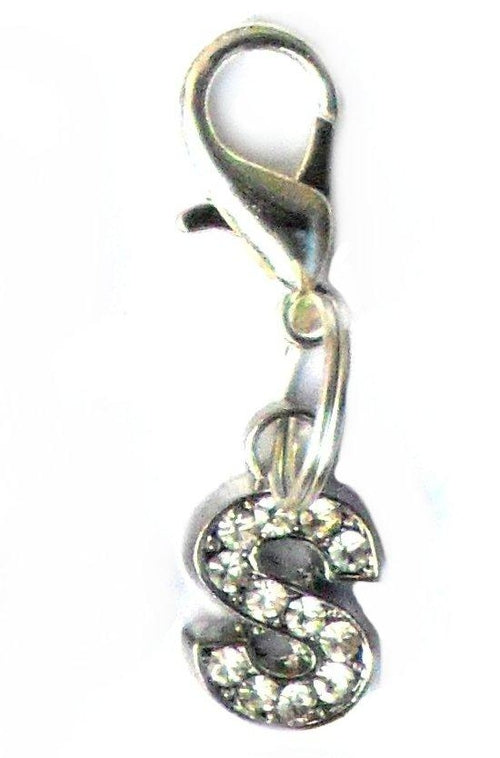 Pingente de letra S com cristais brilhantes prateados, parte da coleção A-Z Crystal Letter Pet Charms, ideal para complementar suplementos premium naturais para energia, vitalidade e saúde cognitiva.