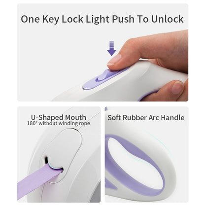 Imagem detalhada da Automatic Retractable Lighting Dog Leash mostrando botão de desbloqueio, entrada em formato U para corda sem emaranhados e pega curva com borracha macia para conforto.