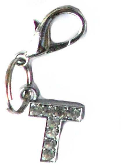 Pingente de cristal em forma de letra T com acabamento prateado, parte da coleção A-Z Crystal Letter Pet Charms, complementando suplementos premium naturais para energia, vitalidade e saúde cognitiva.