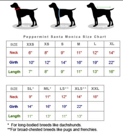 Gráfico de tamanhos de coleiras para cães com medidas de pescoço, circunferência e comprimento, associado ao Kyle Shirt Collar, suplementos premium naturais para energia, vitalidade e saúde cognitiva.