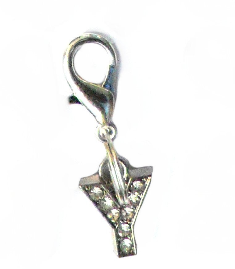 Pingente de letra Y com cristais brilhantes em metal prateado, parte da coleção A-Z Crystal Letter Pet Charms, para um toque personalizado e elegante.