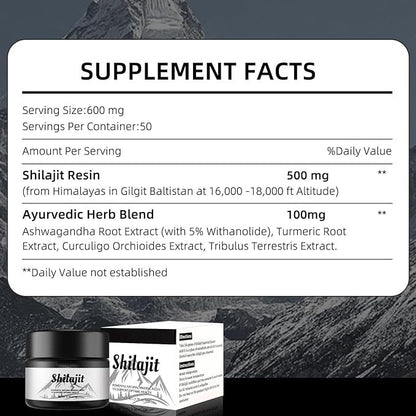 Rótulo nutricional do Pure Himalayan Organic Shilajit Resin mostrando ingredientes naturais como resina Shilajit do Himalaia e blend ayurvédico de raiz de Ashwagandha e curcuma, destacando suplementos premium naturais para energia, vitalidade e saúde cognitiva, desenvolvidos para o mercado português.