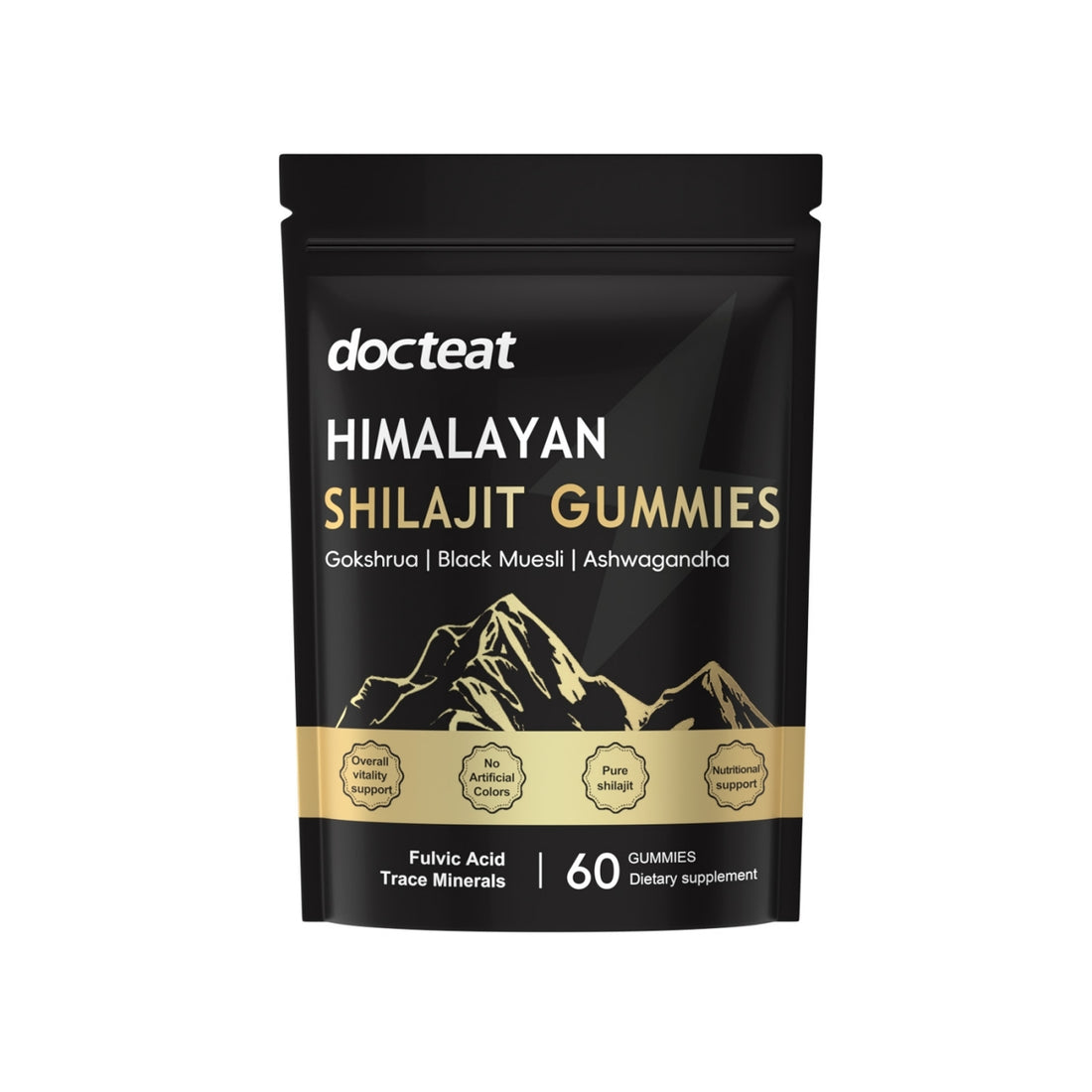 Embalagem preta de Himalayan Shilajit Gummies, suplementos premium naturais para energia, vitalidade e saúde cognitiva, com ingredientes como Gokshru e Ashwagandha, para o mercado português.