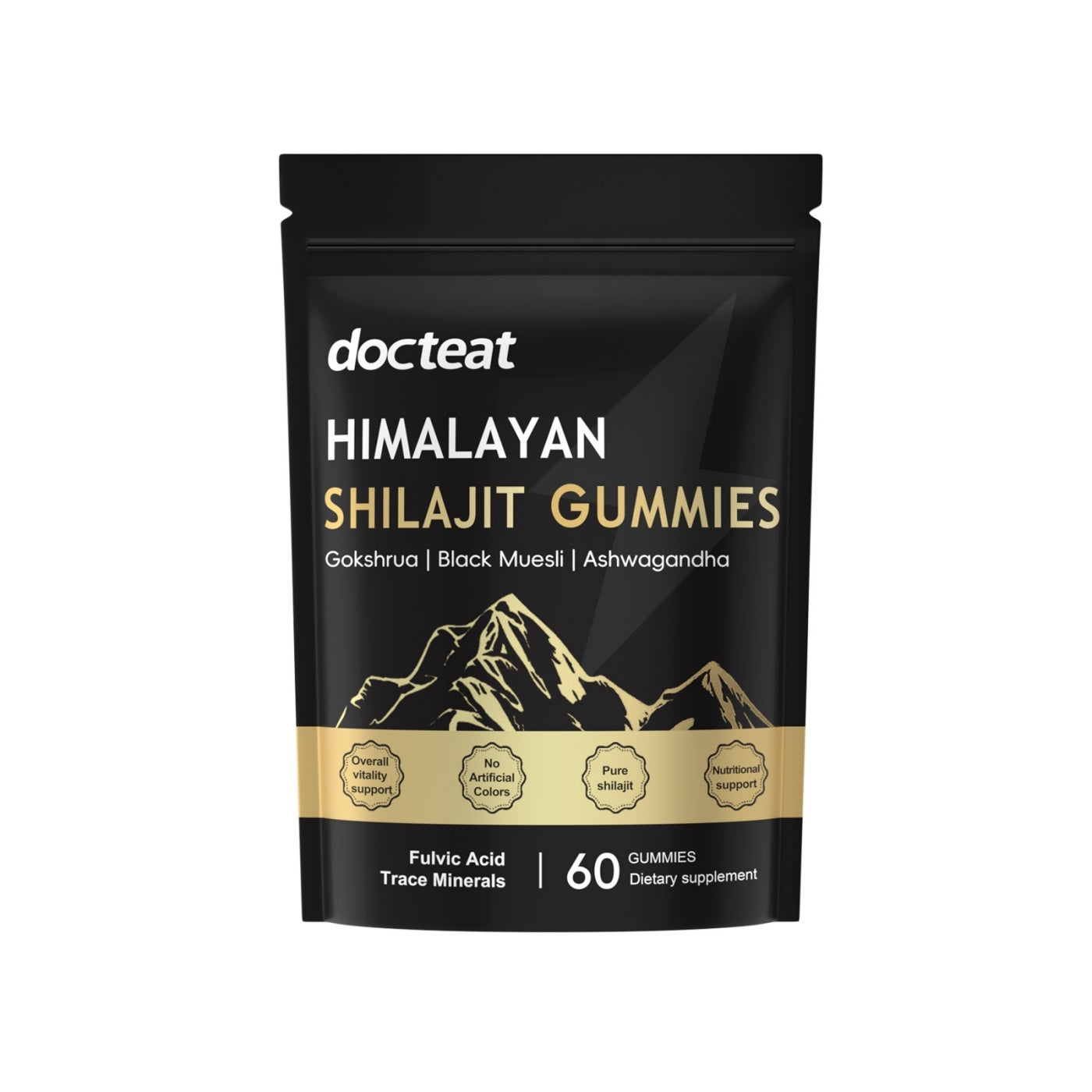 Embalagem preta moderna de Himalayan Shilajit Gummies, suplementos premium naturais para energia, vitalidade e saúde cognitiva, com ingredientes como Gokshrou e Ashwagandha.
