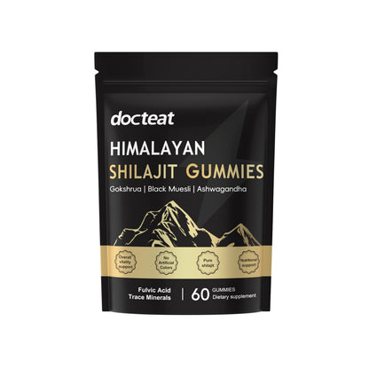 Embalagem preta moderna de Himalayan Shilajit Gummies, suplementos premium naturais para energia, vitalidade e saúde cognitiva, com ingredientes como Gokshrou e Ashwagandha.