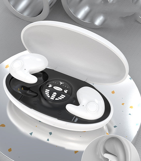 Fone Bluetooth sem fio em ângulo superior, detalhe do acabamento e do botão