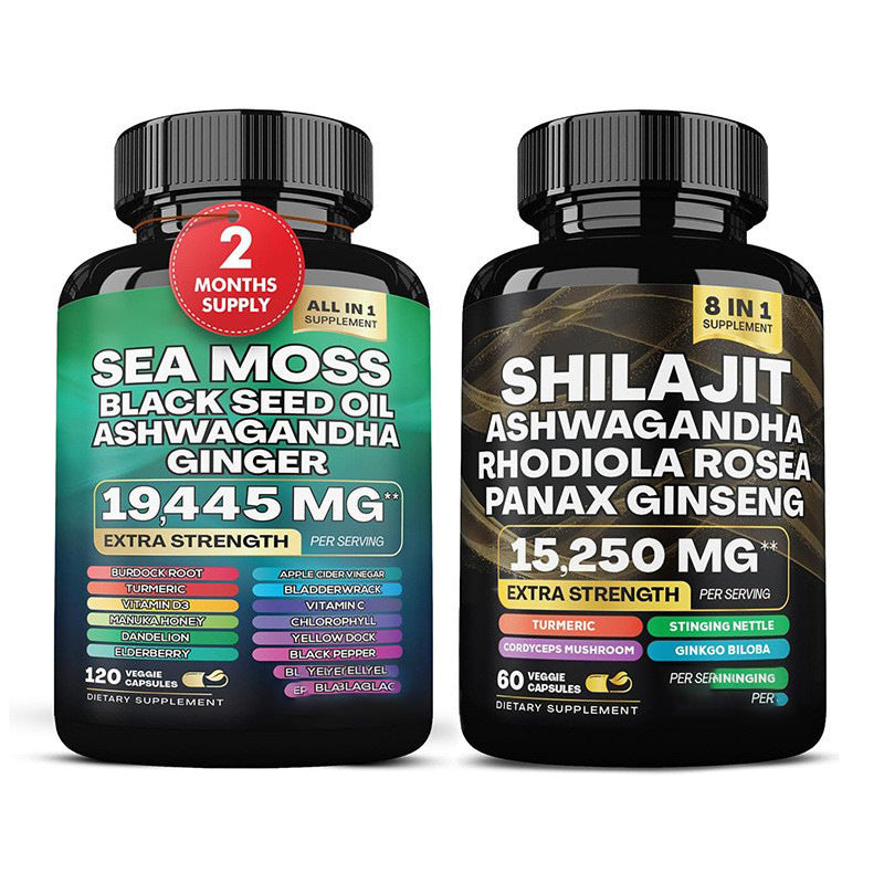 Imagem de embalagens do produto Seamoss And Shilajit Capsules, suplementos premium naturais para energia, vitalidade e saúde cognitiva, desenvolvidos para o mercado português, com fórmulas naturais incluindo ingredientes como ashwagandha, gengibre e ginseng.