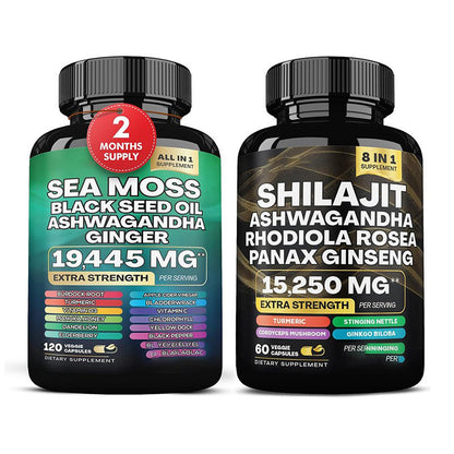 Imagem de embalagens do produto Seamoss And Shilajit Capsules, suplementos premium naturais para energia, vitalidade e saúde cognitiva, desenvolvidos para o mercado português, com fórmulas naturais incluindo ingredientes como ashwagandha, gengibre e ginseng.