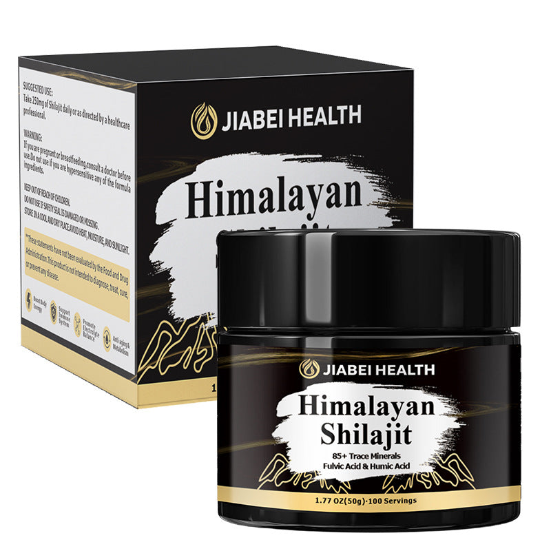 Embalagem e frasco pretos elegantes de Shilajit Resin da Jiabei Health, suplemento premium natural para energia, vitalidade e saúde cognitiva no mercado português.