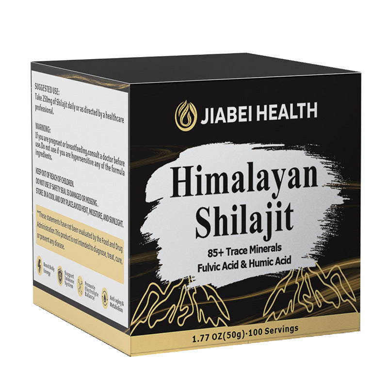 Embalagem preta e dourada do suplemento Shilajit Resin da Jiabei Health, um suplemento premium natural para energia, vitalidade e saúde cognitiva, desenvolvido para o mercado português.