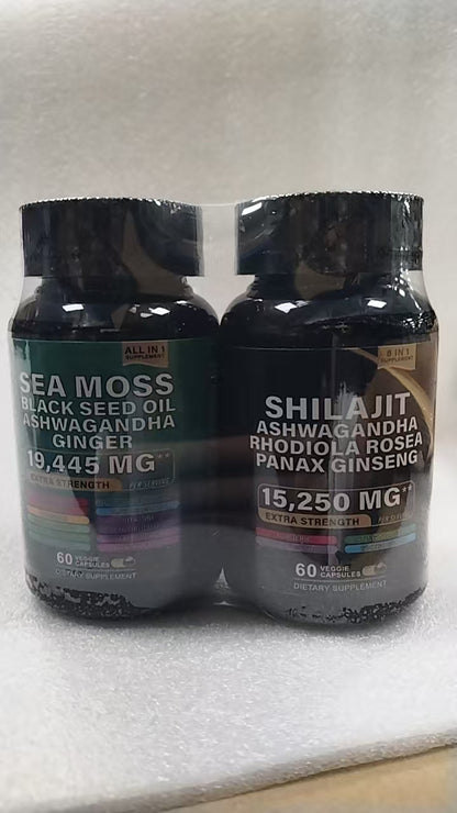 Duas embalagens escuras de Seamoss And Shilajit Capsules apresentadas juntas, suplementos premium naturais para energia, vitalidade e saúde cognitiva, desenvolvidos para o mercado português.