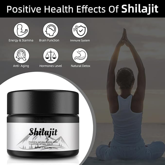Imagem de um frasco de Pure Himalayan Organic Shilajit Resin com ícones que destacam benefícios para energia, função cerebral, sistema imunitário, anti-envelhecimento, equilíbrio hormonal e desintoxicação natural, representando suplementos premium naturais para energia, vitalidade e saúde cognitiva, desenvolvidos para o mercado português.