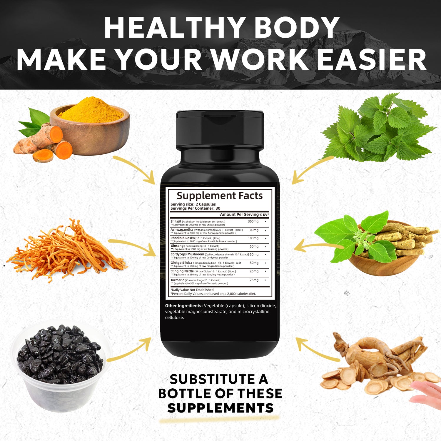 Imagem de frasco preto de suplemento com rótulo detalhado cercado por ingredientes naturais como açafrão-da-terra, ashwagandha, ginseng, urtiga e shilajit, promovendo o produto Biyode Effective Formula Ready Stock Fast Shipping Wholesale Pure Natural Himalayan Shilajit Capsules With Ashwagandha Ginseng Healthcare Vitamin 8 In 1 Energy, suplementos premium naturais para energia, vitalidade e saúde cognitiva desenvolvidos para o mercado português.
