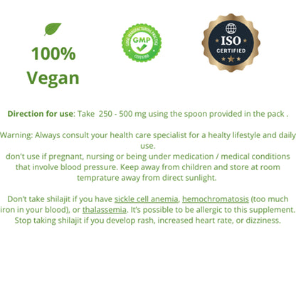 Selo 100% Vegan, certificados GMP e ISO, informação de uso e avisos de segurança para Pure Himalayan Shilajit SoftResin, suplementos premium naturais para energia, vitalidade e saúde cognitiva.