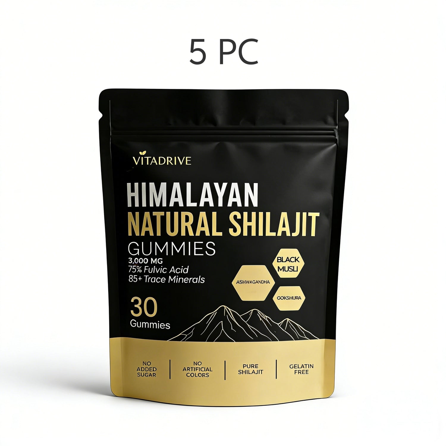 Embalagem preta de Kidney Support Shilajit Gummies, suplementos premium naturais para energia, vitalidade e saúde cognitiva, com fórmula sem açúcares adicionados e livre de gelatina.