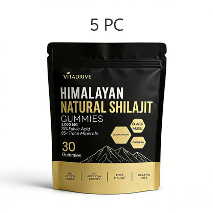 Embalagem preta de Kidney Support Shilajit Gummies, suplementos premium naturais para energia, vitalidade e saúde cognitiva, com fórmula sem açúcares adicionados e livre de gelatina.
