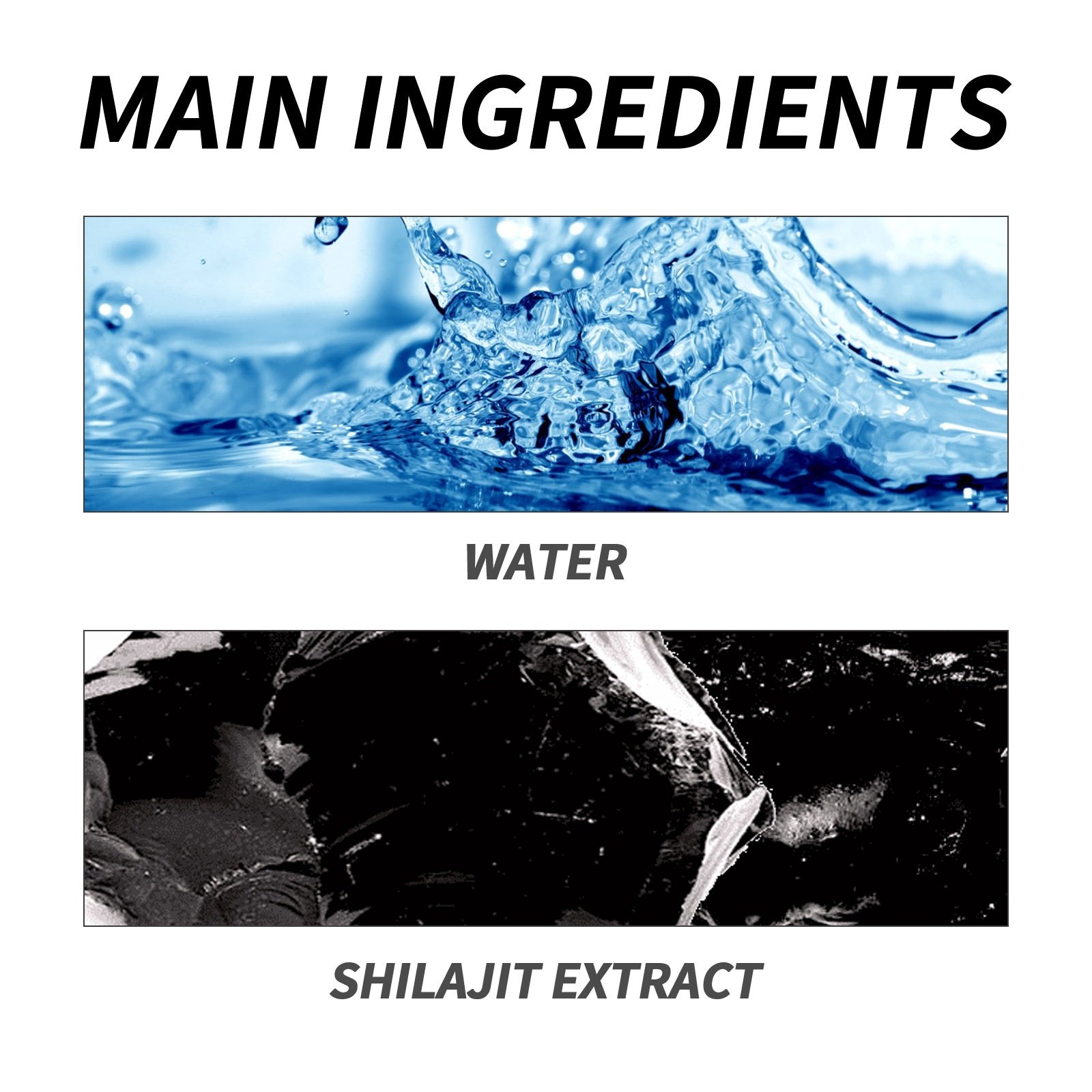 Ingredientes principais do Googeer Shilajit Dietary Supplement Body Care Solution, suplemento premium naturais para energia, vitalidade e saúde cognitiva, com água e extrato de shilajit.