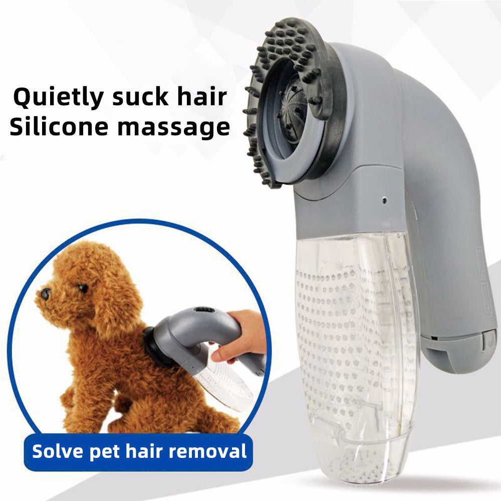Electric Pet Hair Portable Pet Massage Cleaning Brush cinza com cerdas de silicone para massagem e aspiração silenciosa do pelo de animais, ideal para suplementos premium naturais para energia, vitalidade e saúde cognitiva.