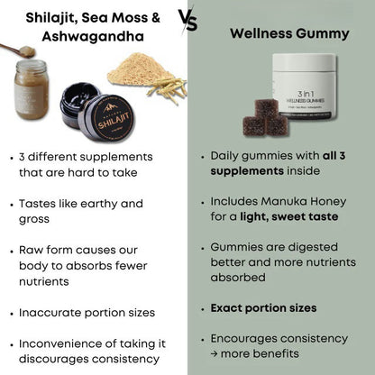 Imagem comparativa entre suplementos tradicionais de Shilajit, Sea Moss e Ashwagandha e um produto único em formato de gominha, destacando as vantagens do Household Cure 3-in-1 Men&