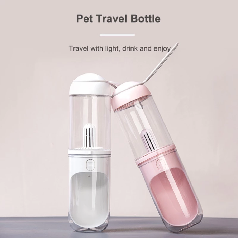 Garrafa para água de animais portátil em branco e rosa, ideal para viagens, destacando o modelo Outdoor Travel Pet Water Dispenser Pet Dog Cat Water Bottle.