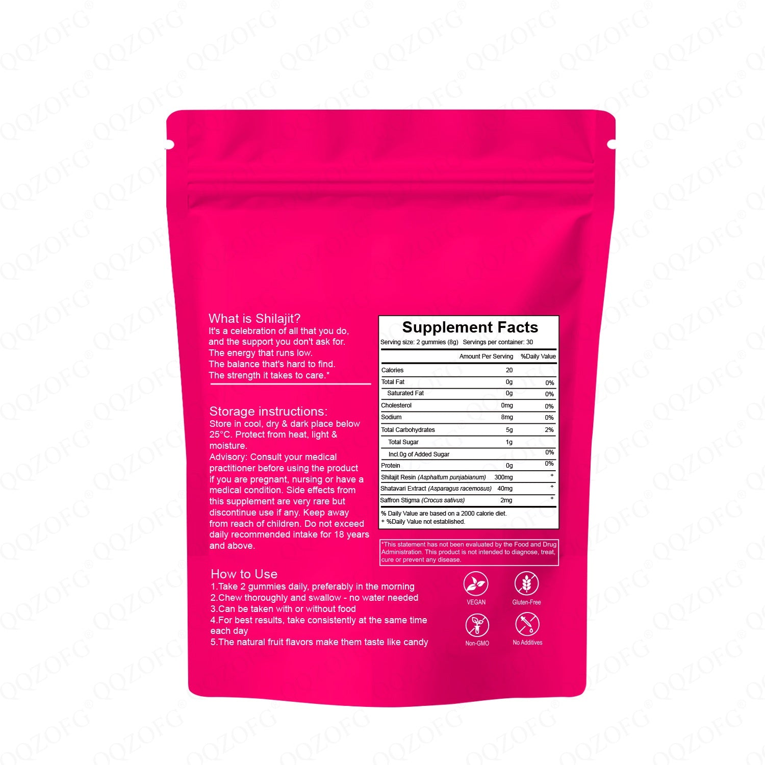 Pack de Shilajit Gummies Orange Flavor 60 Gummies com informações nutricionais, instruções de uso e armazenamento, suplemento natural premium para energia, vitalidade e saúde cognitiva.