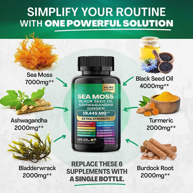Imagem promocional das Seamoss And Shilajit Capsules, suplementos premium naturais para energia, vitalidade e saúde cognitiva, com ingredientes como Sea Moss, óleo de semente preta, ashwagandha, curcuma, bladderwrack e raiz de bardana.