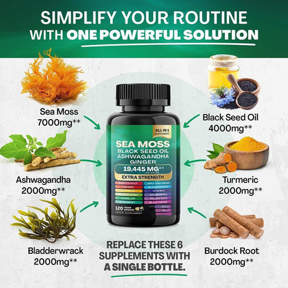 Imagem promocional das Seamoss And Shilajit Capsules, suplementos premium naturais para energia, vitalidade e saúde cognitiva, com ingredientes como Sea Moss, óleo de semente preta, ashwagandha, curcuma, bladderwrack e raiz de bardana.