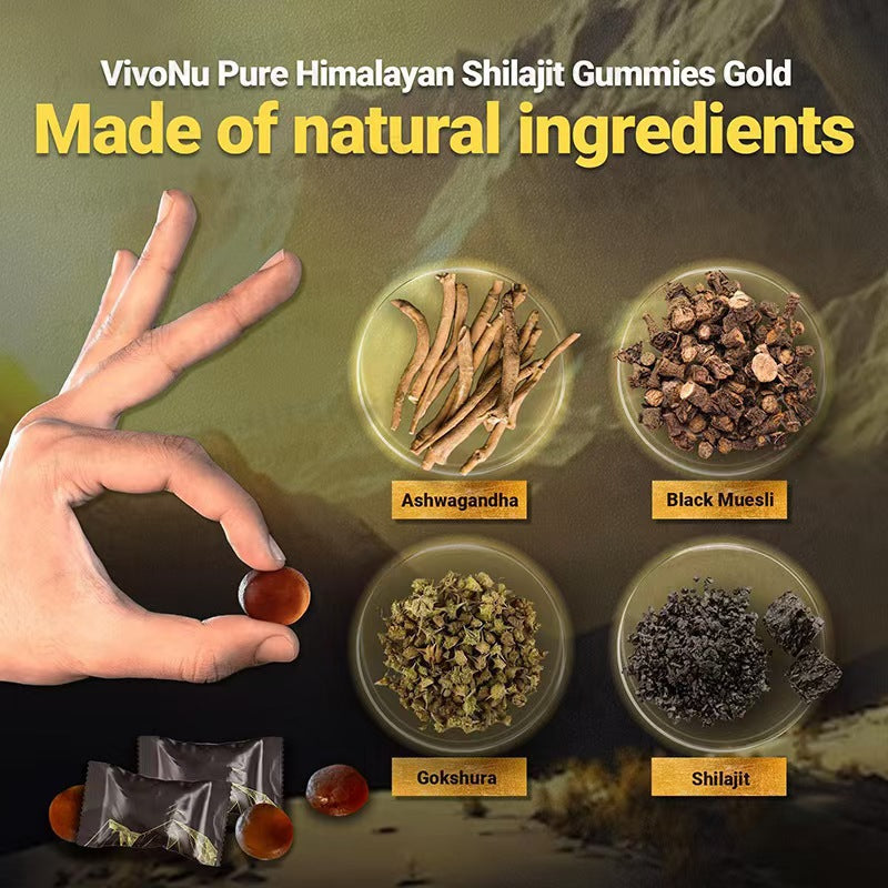 Mão segurando um Kidney Support Shilajit Gummies em destaque, ao lado de ingredientes naturais como ashwagandha, black muesli, gokshura e shilajit, suplementos premium naturais para energia, vitalidade e saúde cognitiva, desenvolvidos para o mercado português.