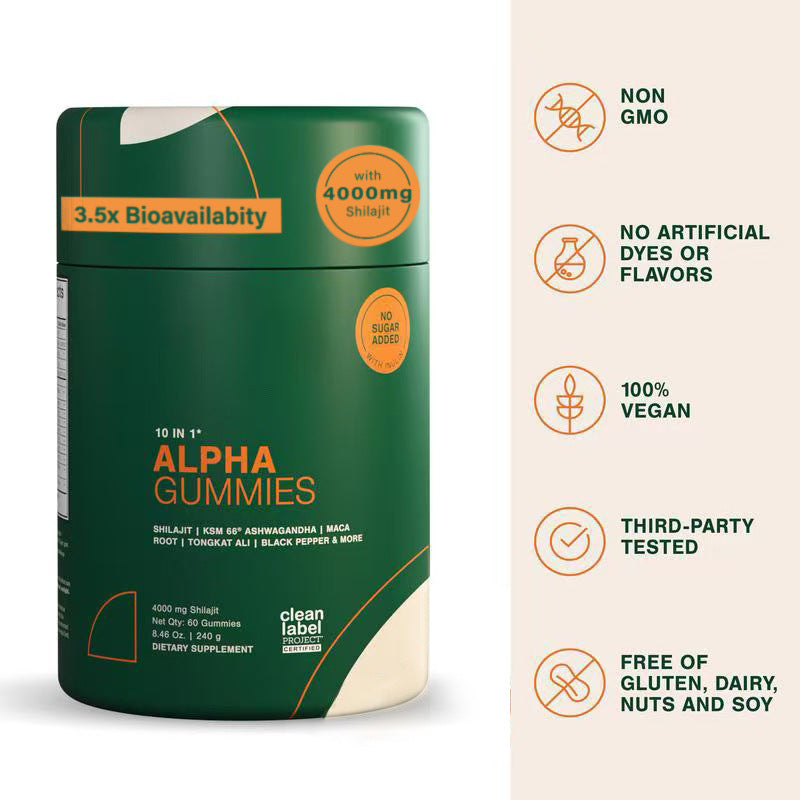Embalagem verde de Alpha Shilajit Gummies, suplementos premium naturais para energia, vitalidade e saúde cognitiva, com 4000mg de Shilajit, sem aditivos artificiais, vegan e sem glúten.