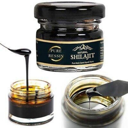 Frasco de Shilajit em resina pura com textura viscosa escura, suplemento premium natural para energia, vitalidade e saúde cognitiva, ideal para o mercado português.
